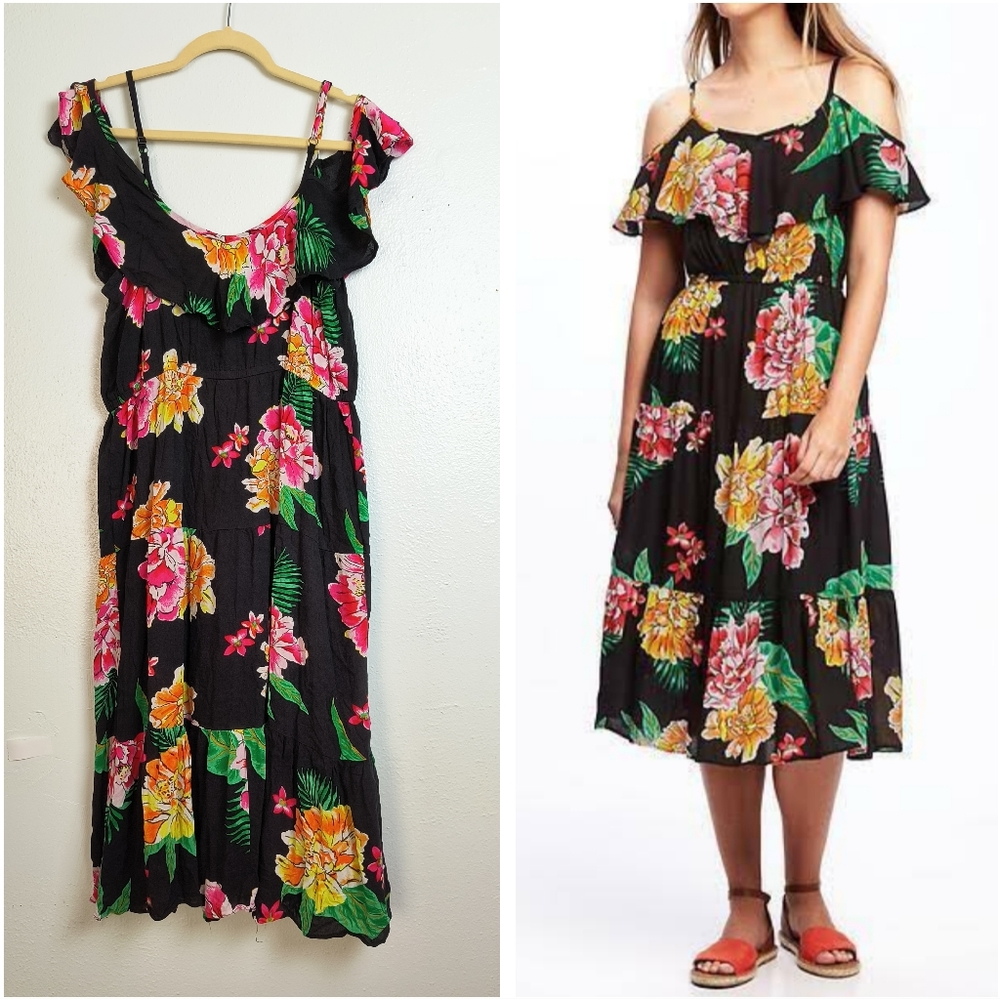 Old Navy L/G Black Ruched Midi Sundress Off The Shoulder